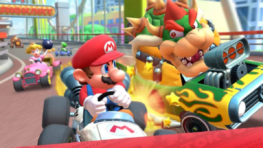 Imagem do jogo mostrando uma corrida sendo realizada com um dos personagens principal, o Mario.