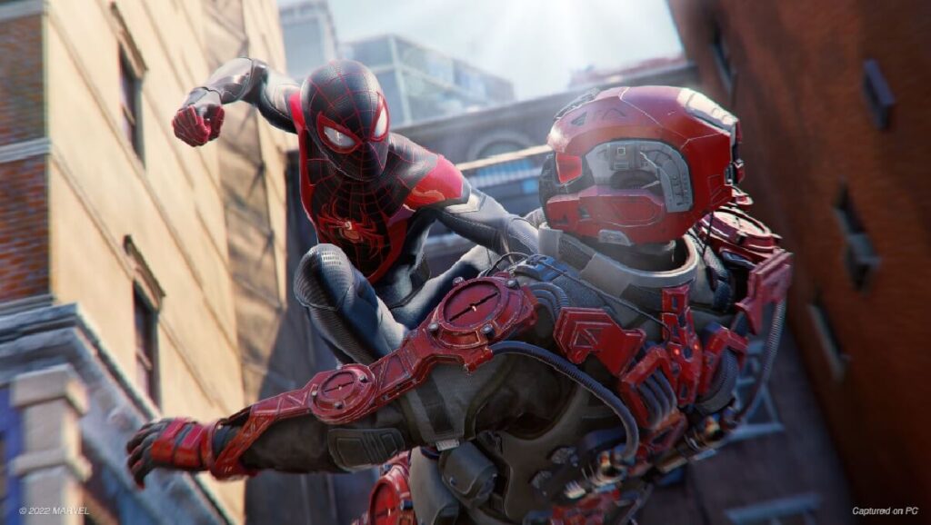 +33 Jogos para PC: Os melhores de 2023! 27 Imagem do jogo mostrando o Homem-Aranha lutando com um oponente em robô.