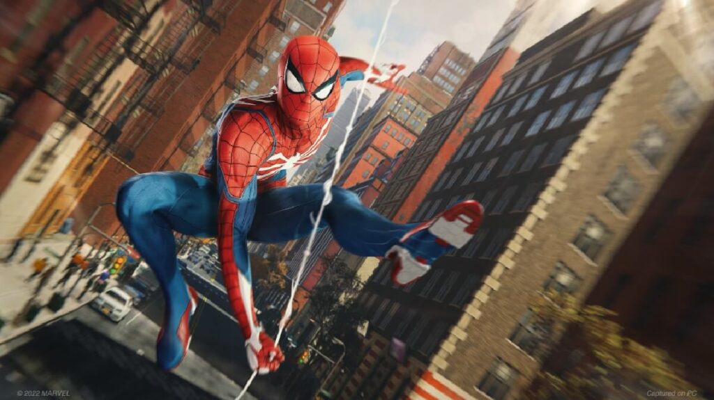Imagem do jogo mostrando o famoso Homem-Aranha com sua roupa em vermelho e azul.