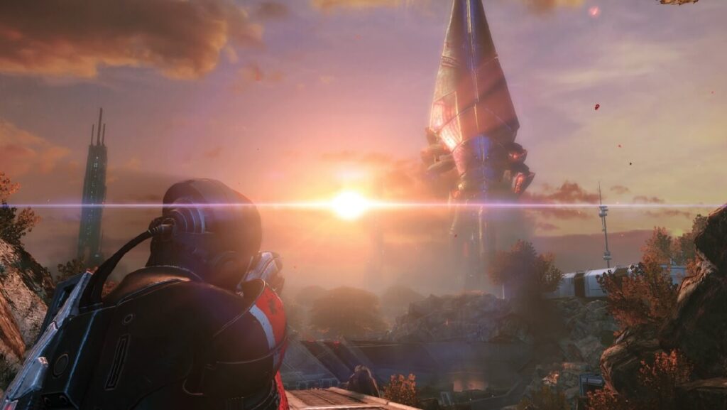 Imagem do jogo mostrando um jogador mirando em um local onde seu oponente está, em um por do sol lindo.