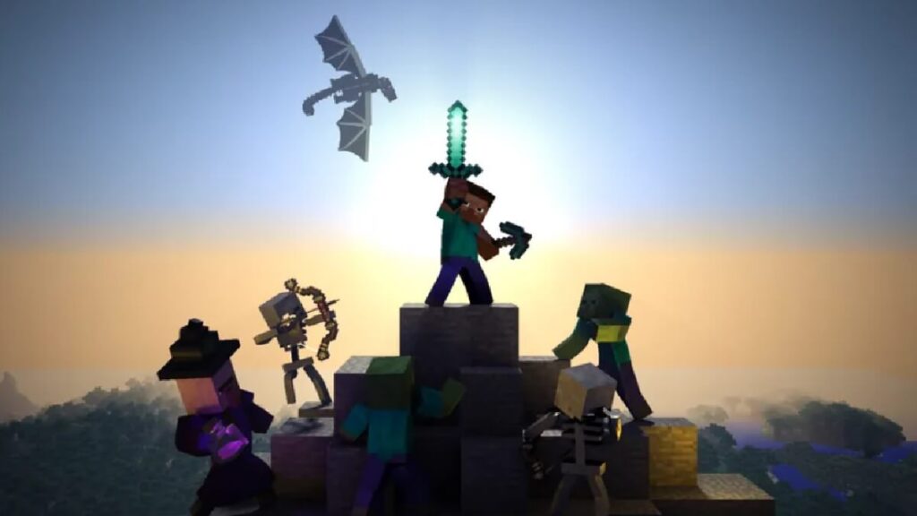 Imagem do jogo mostrando o personagem principal apontando uma espada para o céu e rodeado de mobs fortes.