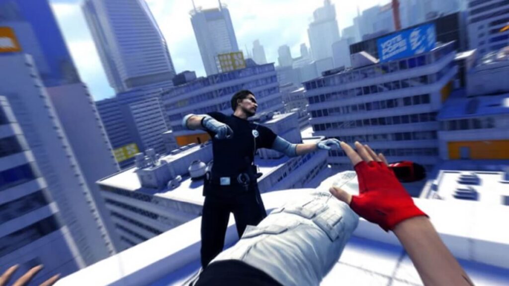 Imagem do jogo mostrando um jogador em primeira pessoa dando um chute em uma pessoa preste a cair de um prédio.