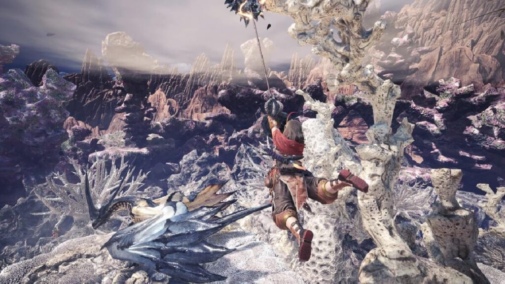 Imagem do jogo mostrando uma personagem pendurada em uma corda e indo em direção a um animal voador.