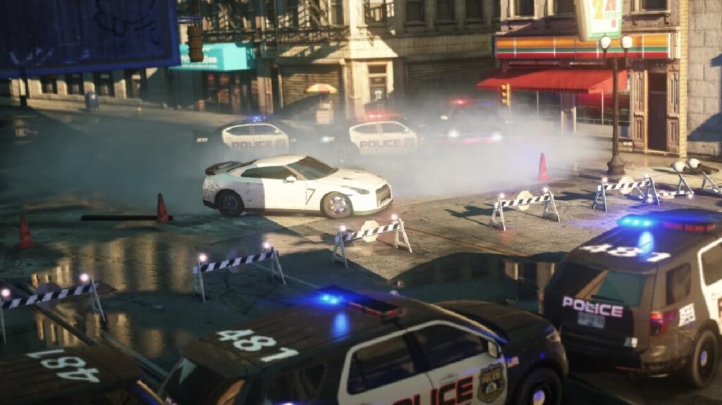 +15 melhores jogos de corrida para PC: Guia atualizado! 8 Imagem do jogo mostrando um jogador dentro de um carro branco cercado de policia.