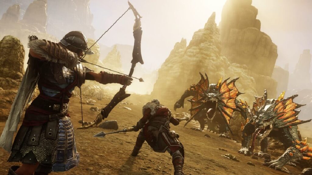 Imagem de dois personagens do jogo atacando monstros com espada e arco-flecha.