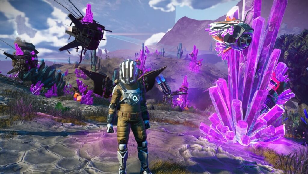 Imagem do jogo mostrando um personagem em um mundo galáctico com pedras roxas.