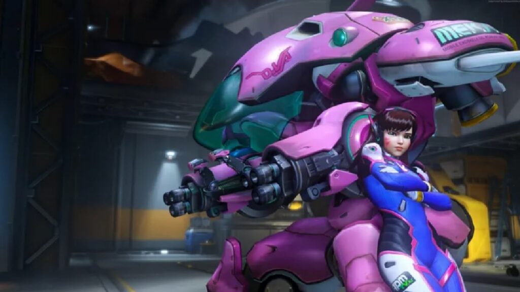 Imagem do jogo mostrando uma personagem feminina escorada em um robô em rosa.