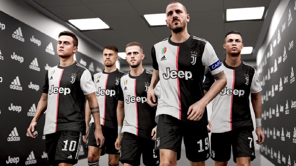 Como baixar PES 2020 no PC, em Android e consoles: Guia atualizado! 3 Imagem do jogo mostrando um time de futebol chamado de Juventus em preto e branco as suas roupas.