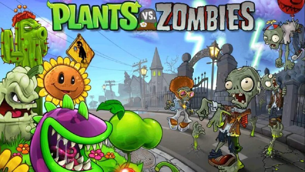 +20 Melhores jogos offline para Android: Lista atualizada (2023)! 10 Banner do jogo mostrando de um lado as plantas que vão combater os zumbis que estão do outro lado, em um cemitério.