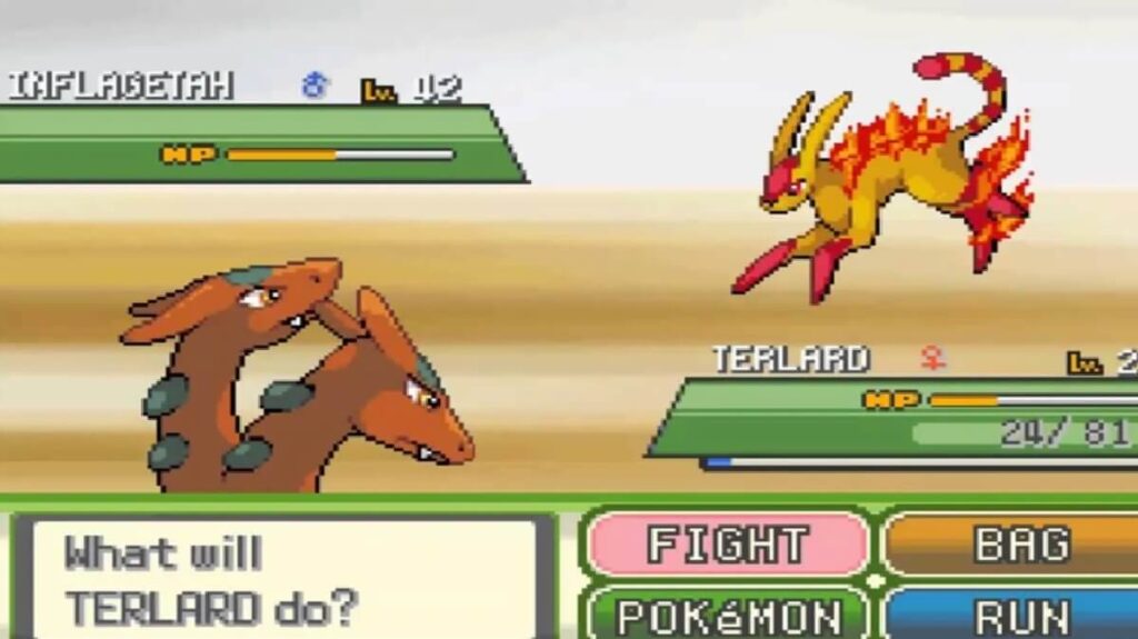 Imagem do jogo mostrando uma batalha contra dois Pokémons que os jogadores criaram.