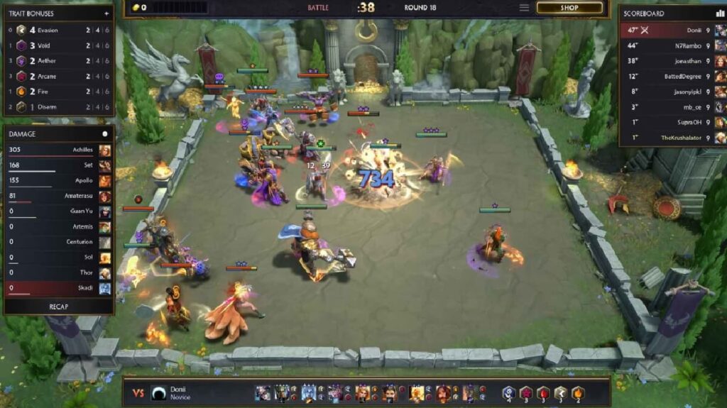 Imagem do jogo mostrando uma área de batalha com vários personagens mágicos.