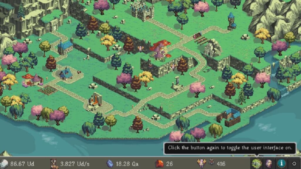 Imagem do jogo mostrando um Reino bem verde com várias casas.