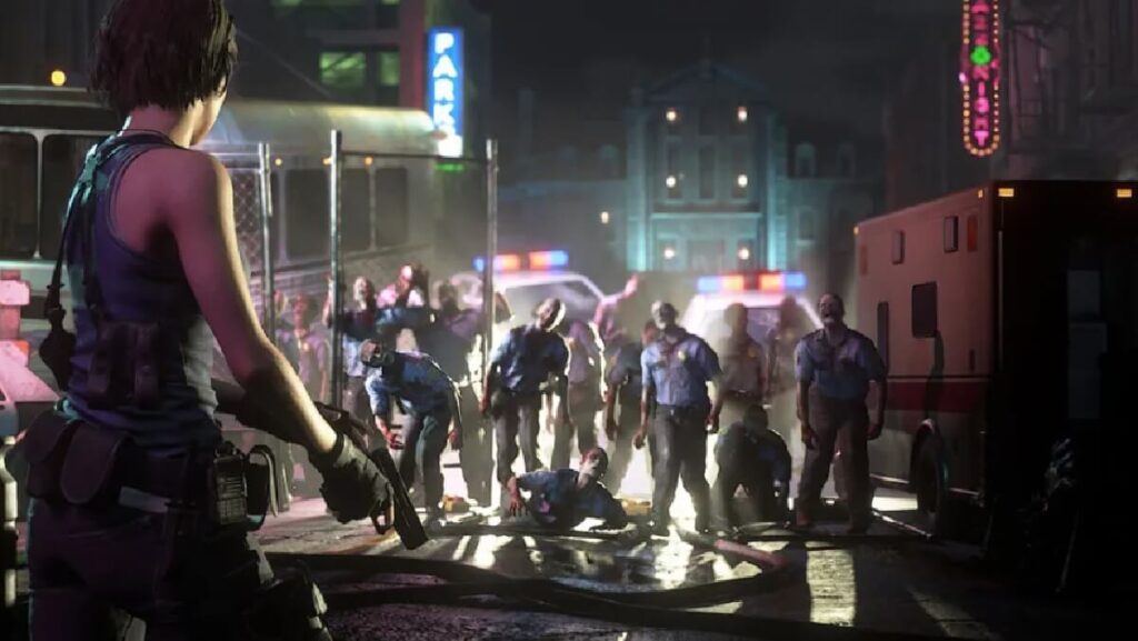 Imagem do jogo mostrando uma personagem feminina armada, atirando nos zumbis.