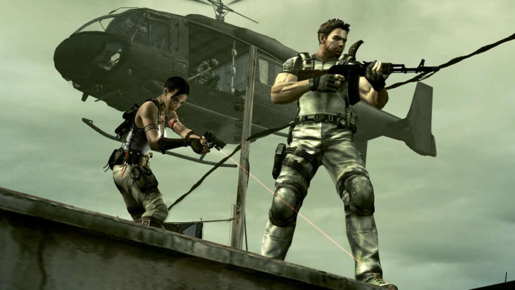 Imagem do jogo mostrando dois personagens atirando no seu oponente e ao fundo um helicóptero voando.