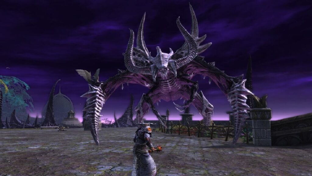 Imagem do jogo mostrando um jogador lutando contra um oponente muito grande de assustador.