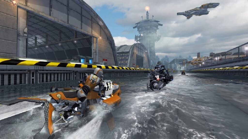 Imagem do jogo mostrando duas pessoas apostando corrida em jetskis.