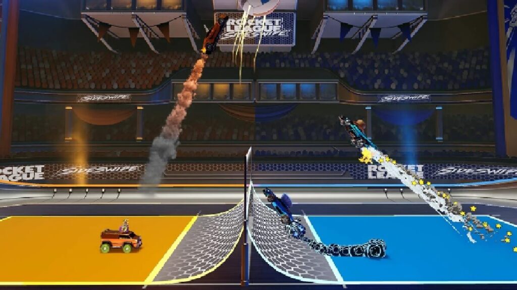 Imagem do jogo mostrando carros-foguetes jogando uma partida de futebol.