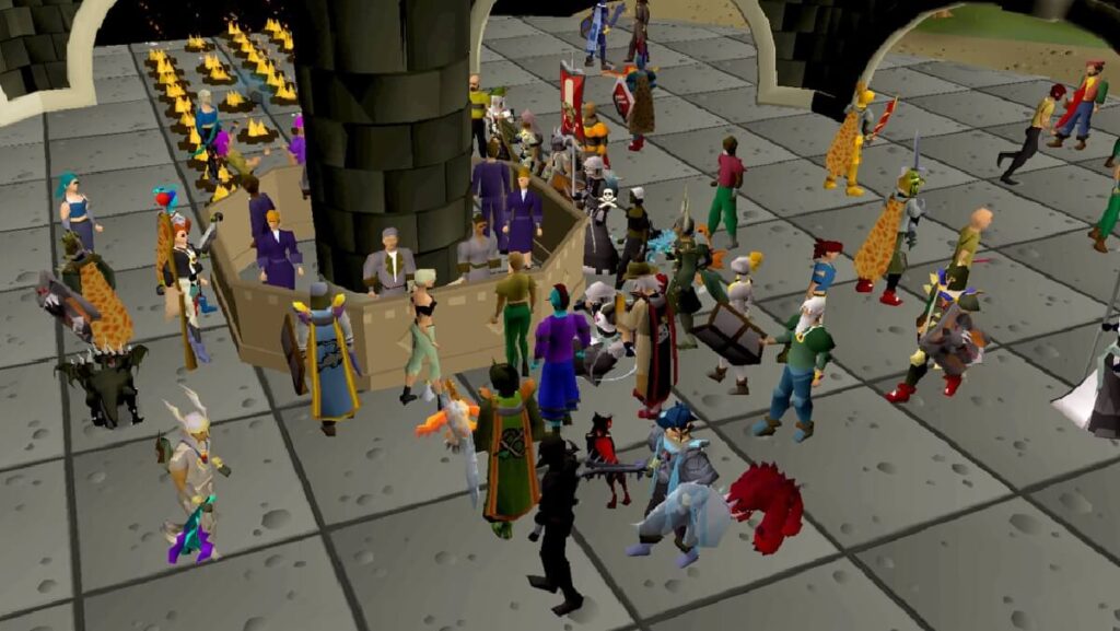 Imagem do jogo mostrando um monte de pessoa em uma praça.