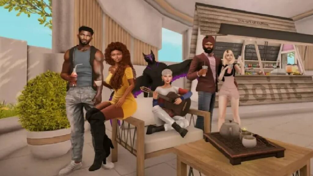 Os 8 melhores jogos realistas para PC em 2023! 2 Imagem do jogo mostrando algumas pessoas em uma sala bem agradável com um deles com um violão sobre a mão.