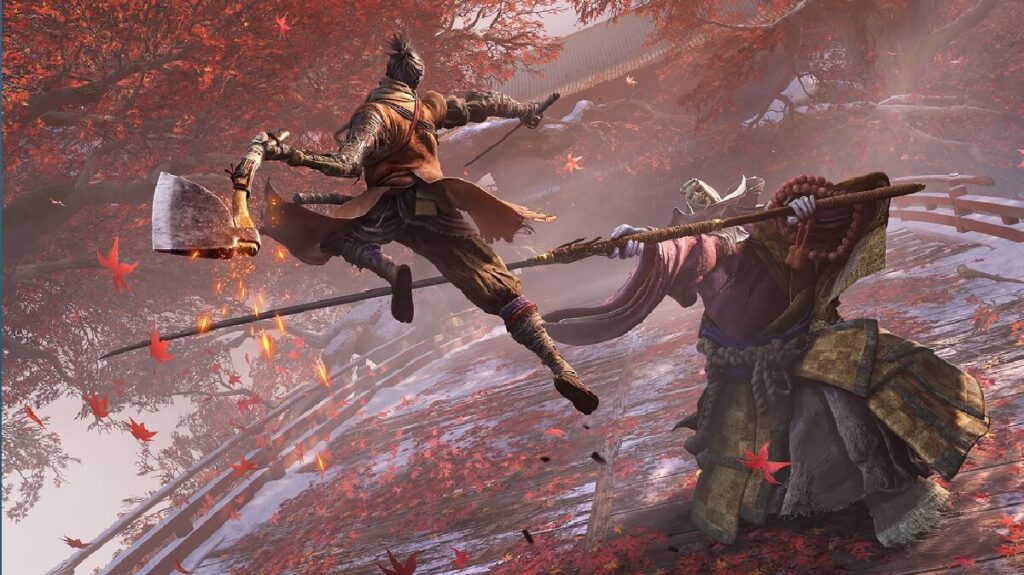 Imagem do jogo mostrando um personagem com o tema de ninja atacando o seu oponente sobre o ar em um ambiente cheio de árvores com folhar em vermelho.
