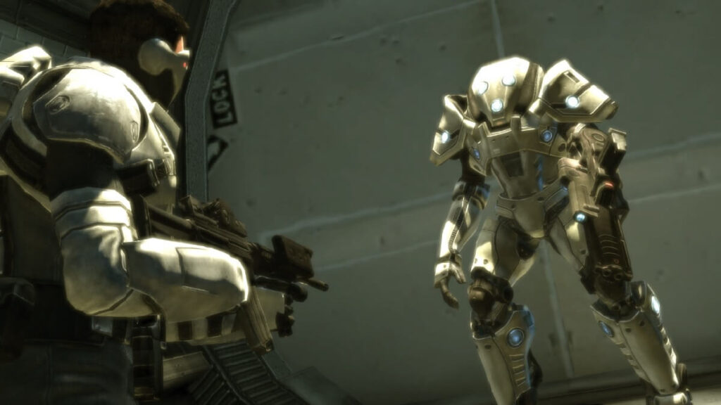 Imagem de um personagem armado olhando um robô gigante.