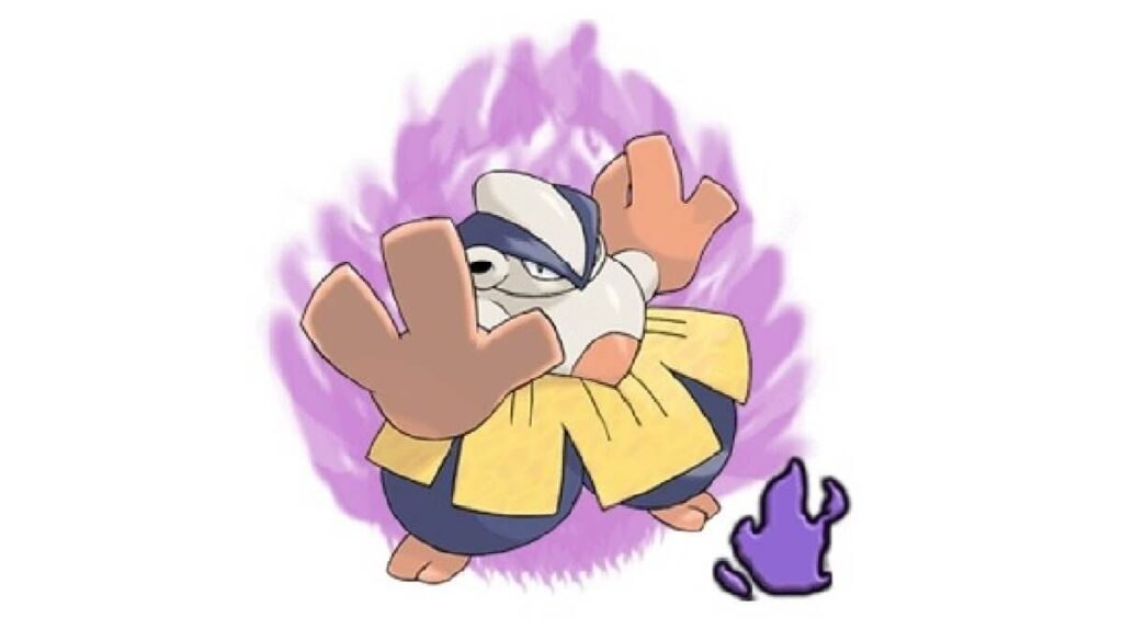 Pokémon do tipo lutador na cor amarela, laranja, branco e azul.