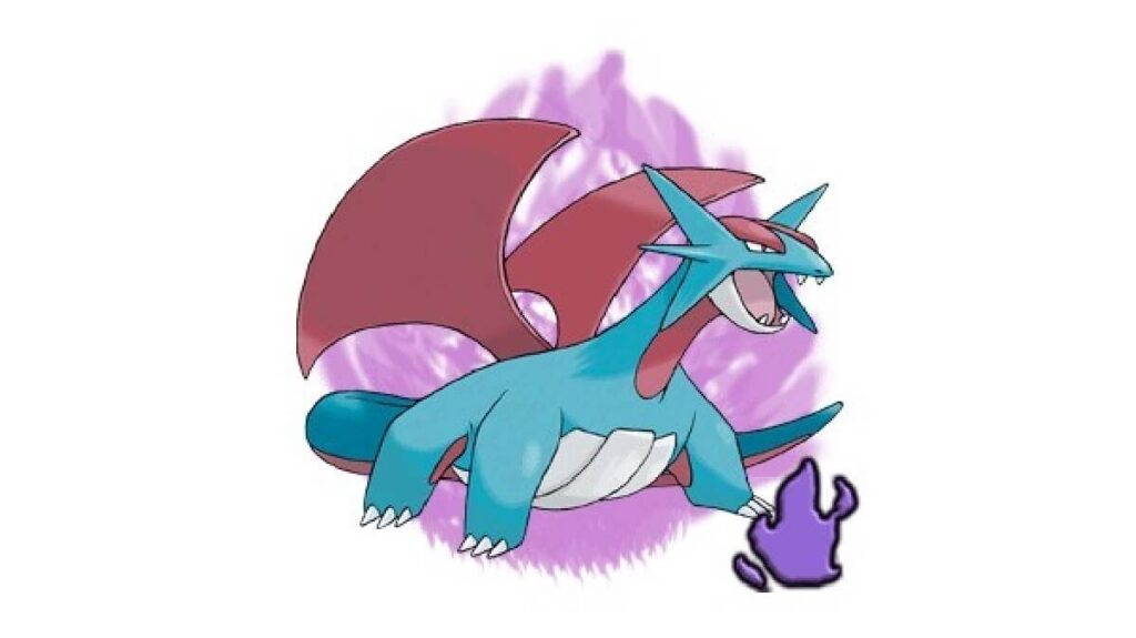 Pokémon do tipo Dragão na cor azul e vermelho.