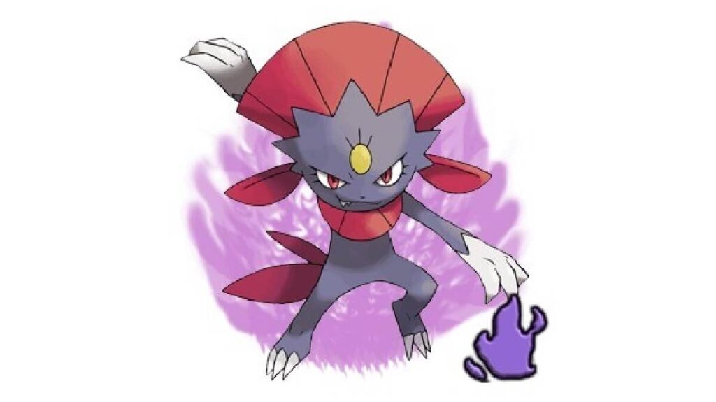 Pokémon do tipo sombrio na cor cinza escuro e vermelho.