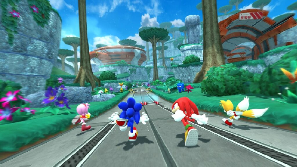 Imagem do jogo mostrando uma corrida om os principais personagens do game, Sonic é um deles.