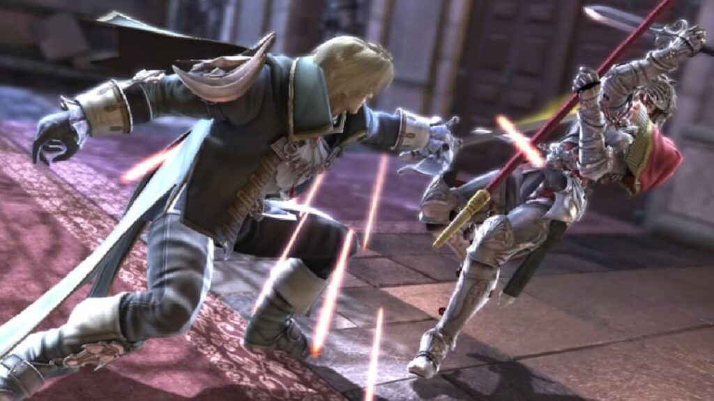 Imagem do jogo mostrando dois personagens lutando com espadas e estão com armaduras em prata.