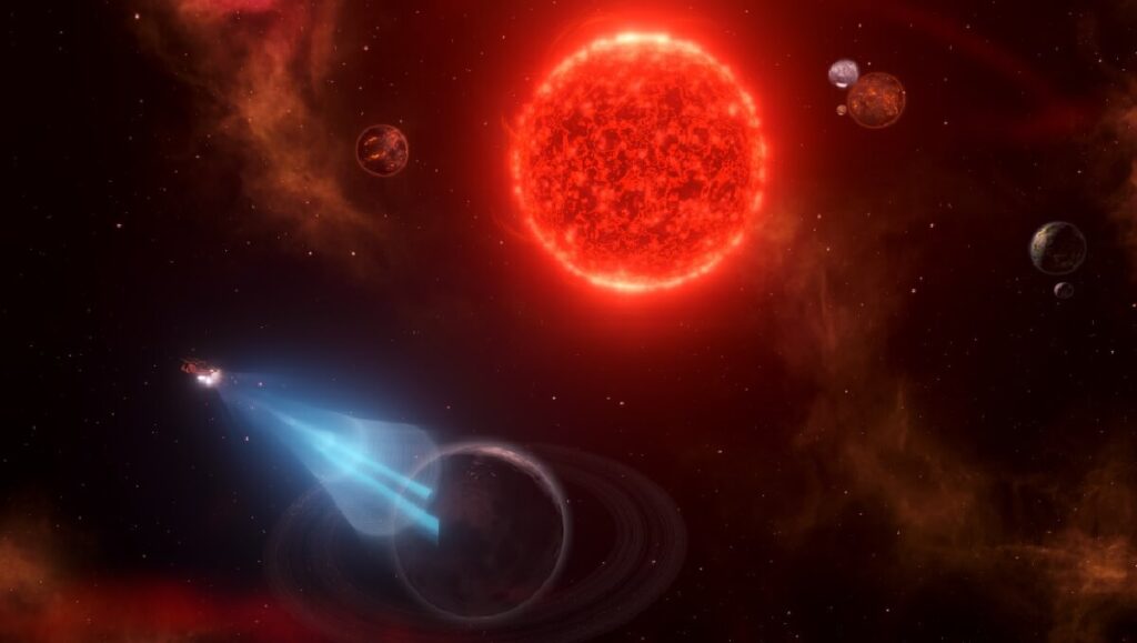 Imagem do jogo mostrando uma nave no espaço e ao fundo um sol muito vermelho.