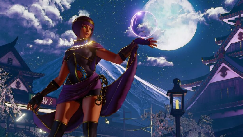 Imagem do jogo mostrando uma personagem feminina com tons em roxo e com uma magia em suas mãos.