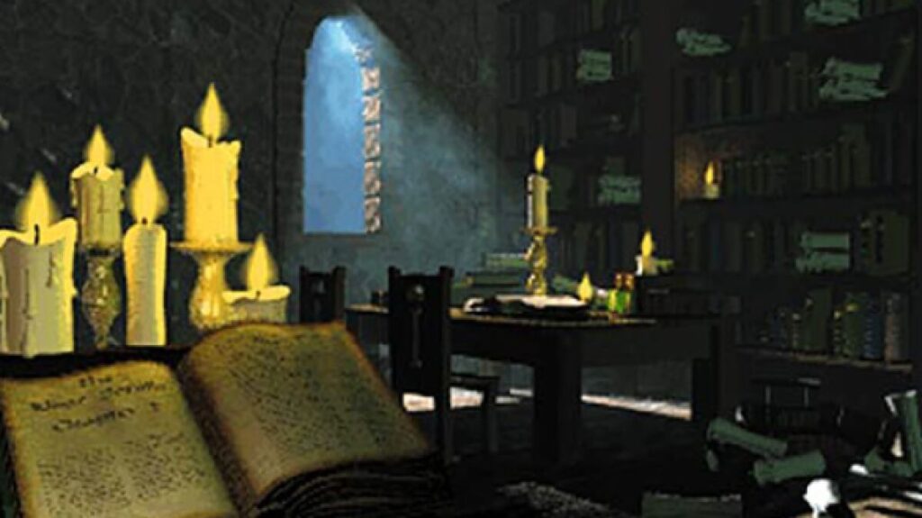 +29 Jogos grátis para PC fraco: Lista atualizada! 22 Imagem do jogo mostrando uma sala escura com um livro e velas.