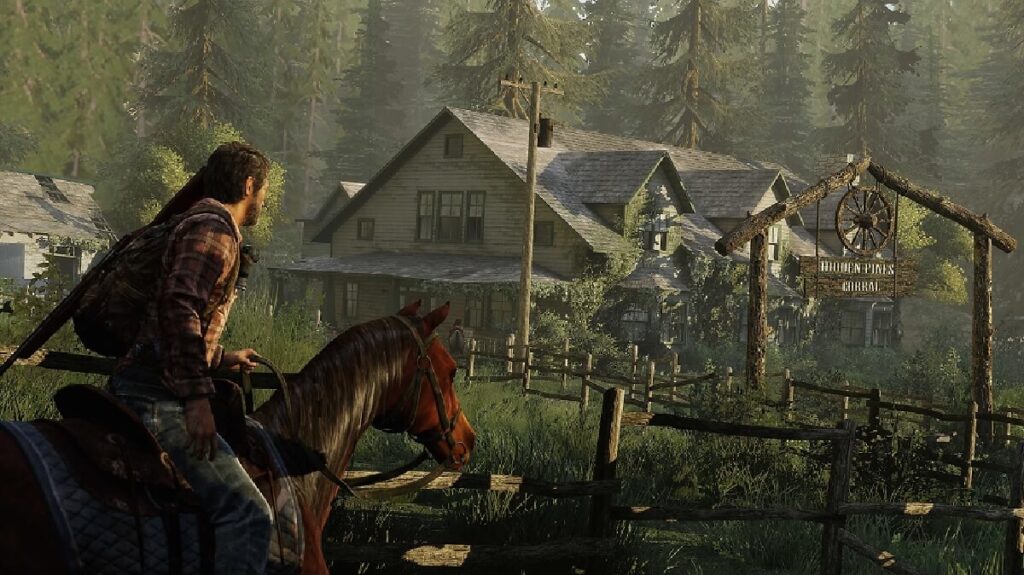 Imagem do jogo mostrando um personagem em um cavalo em uma área deserta.