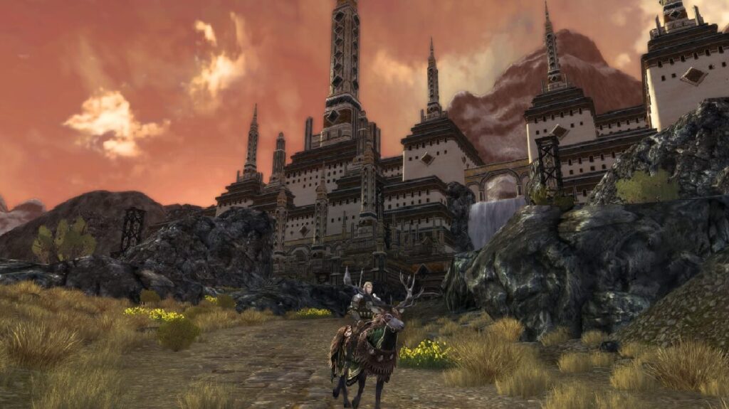 Imagem do jogo mostrando um personagem montado em um animal e ao fundo um castelo.