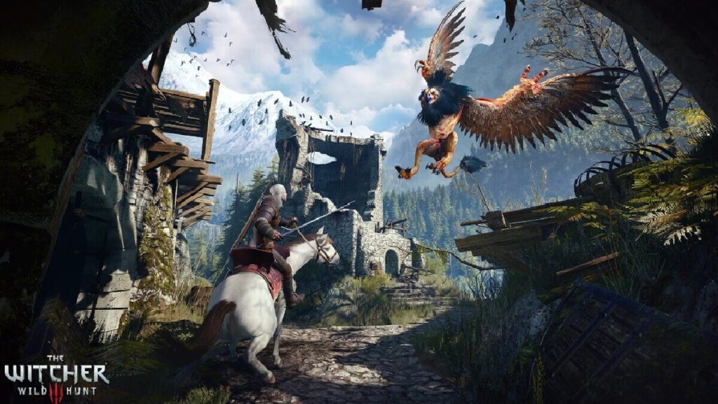 Imagem do jogo mostrando um personagem em um cavalo querendo atacar uma espécie de animal voador.