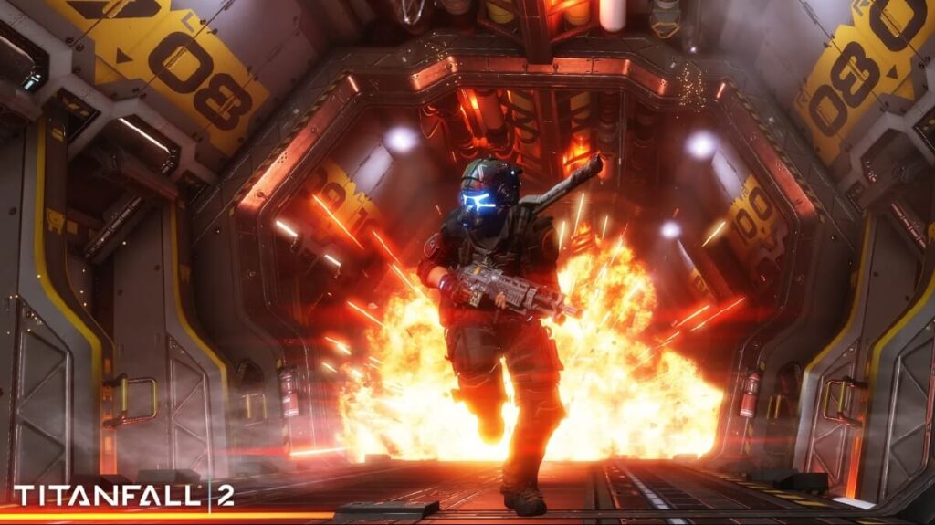 Imagem do jogo mostrando um personagem armado correndo de uma imensa explosão.