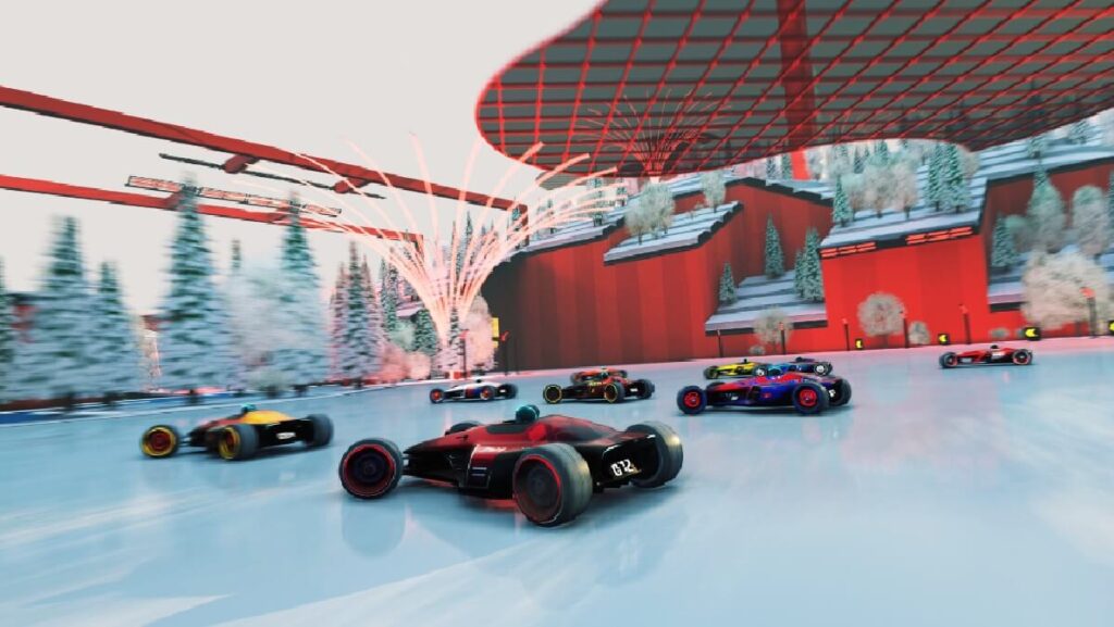 +15 melhores jogos de corrida para PC: Guia atualizado! 11 Imagem do jogo mostrando uma corrida sendo feita com carros de Fórmula 1 em pista congelada.