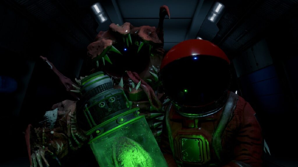 Imagem do jogo mostrando um personagem com roupas parecida de um astronauta com um mostro atrás dele.