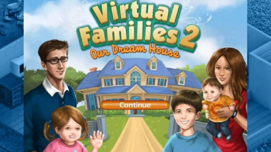 Os 8 melhores jogos realistas para PC em 2023! 4 Banner do jogo mostrando uma família e sua mansão atrás com o telhado na cor azul.