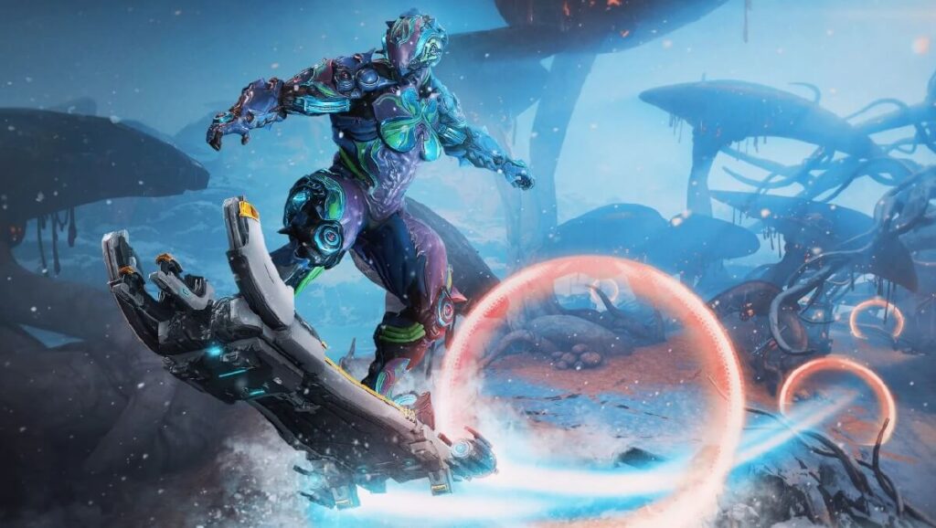 Imagem do jogo mostrando um personagem em forma de robô sobre uma prancha em formato de mão gigante.