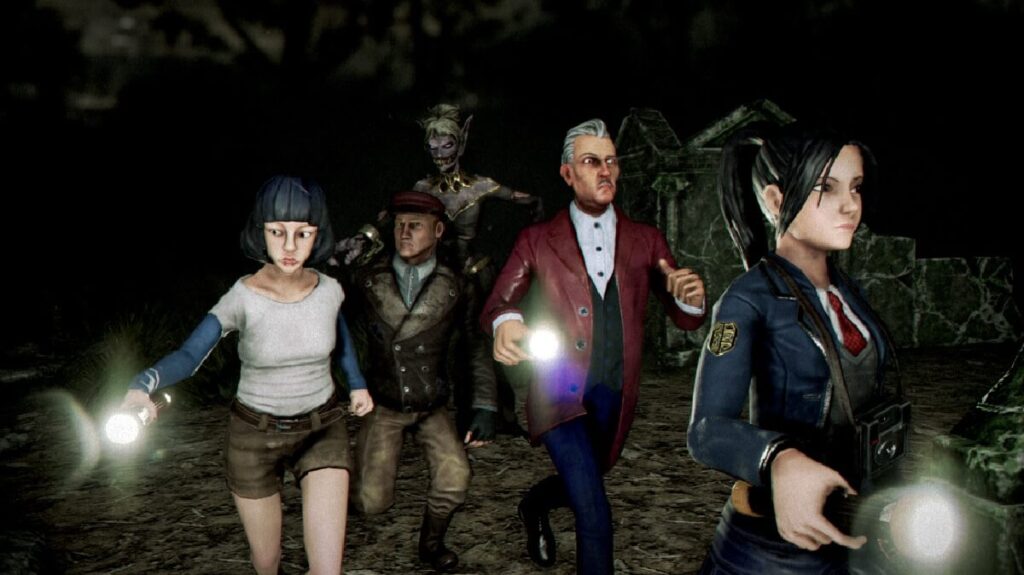 Imagem do jogo mostrando 4 personagem correndo de um mostro.