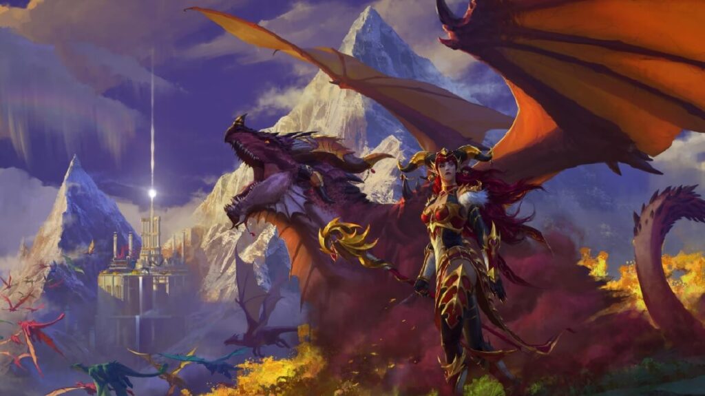 Imagem do jogo mostrando um dragão magico vermelho e sua mestra ao lado com um fundo mágico contendo um castelo.