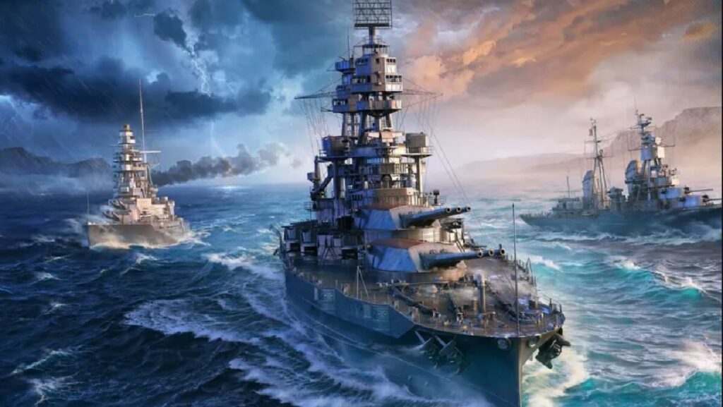 +29 Jogos grátis para PC fraco: Lista atualizada! 21 Imagem do jogo mostrando 3 navios de guerra no mar.