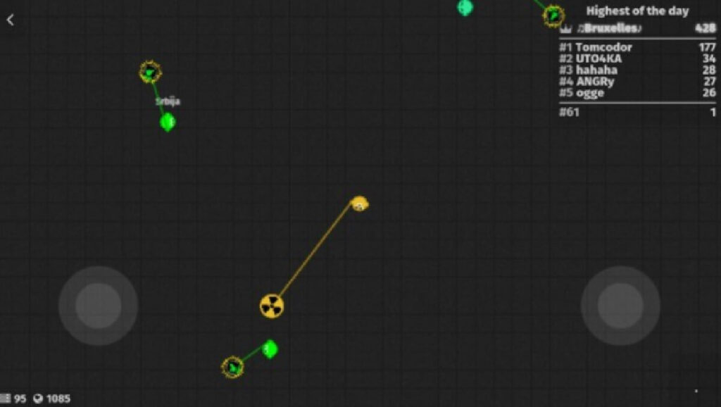 Imagem do jogo mostrando personagens pequenos com um elástico em verde e amarelo.