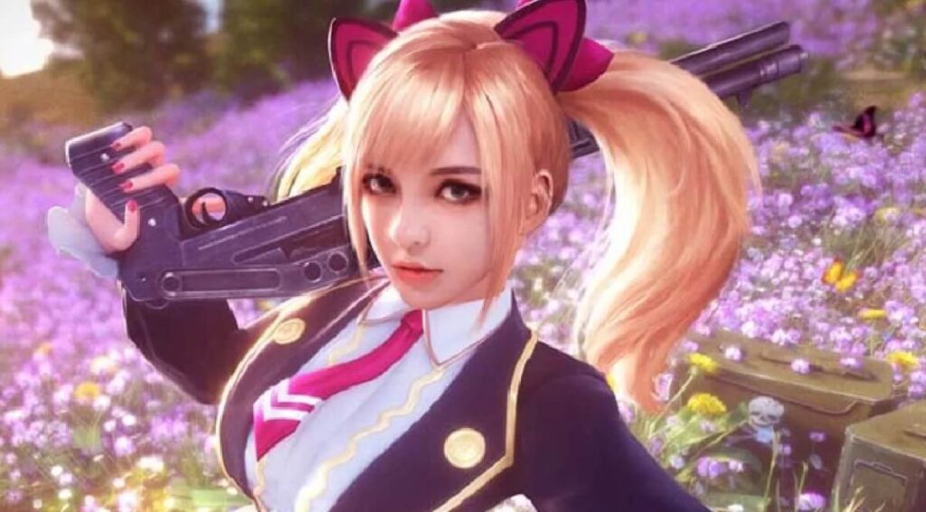 +199 Nicks de duplo sentido: Os melhores da atualidade! 4 Imagem de uma das personagens do jogo segurando uma 12 sobre um jardim de flores rosa.