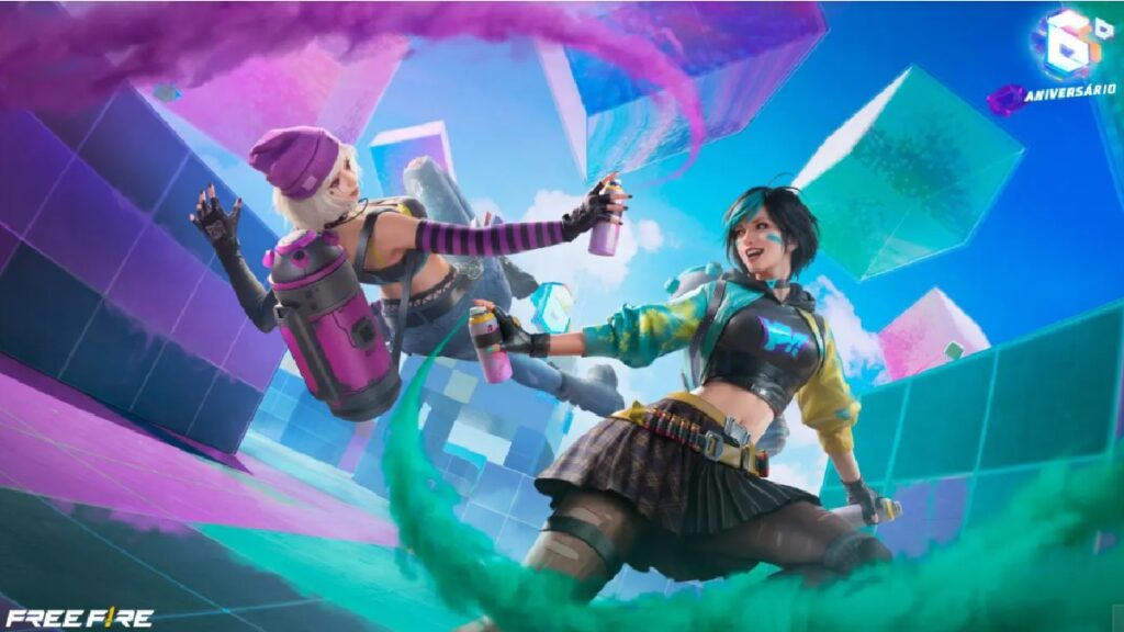 Imagem de duas personagens do Free Fire comemorando o sexto aniversário do game.