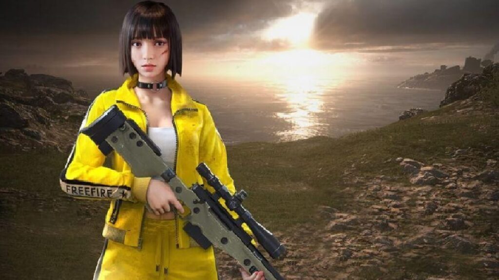 Banner do jogo mostrando uma personagem feminina com roupas em amarelo, segurando em suas mãos uma sniper.