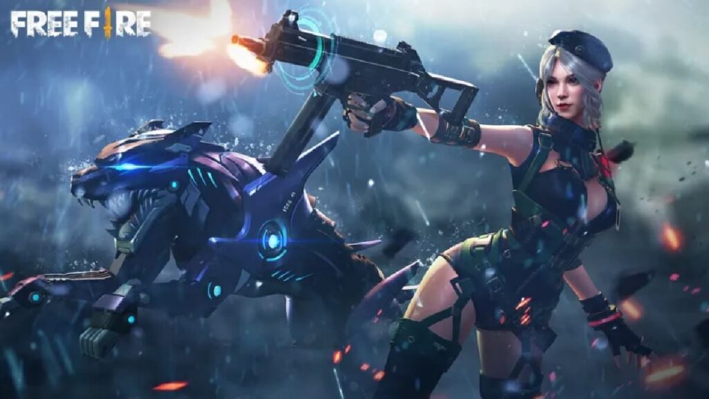 Banner do jogo mostrando uma personagem feminina com um estilo militar atirando com uma UMP.