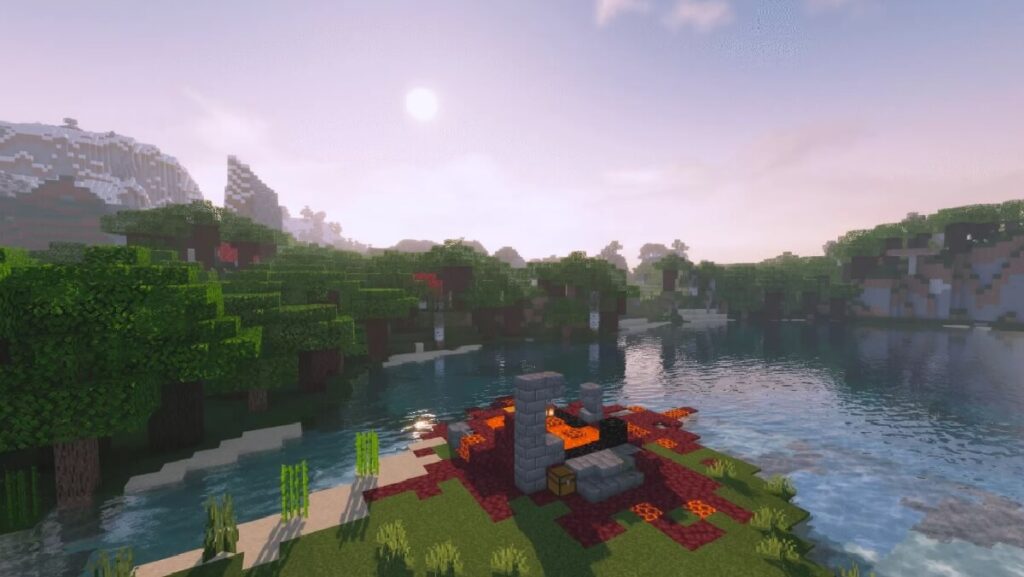 Imagem do jogo mostrando uma paisagem linda com árvores, rio,  um portão e montanhas de neve.